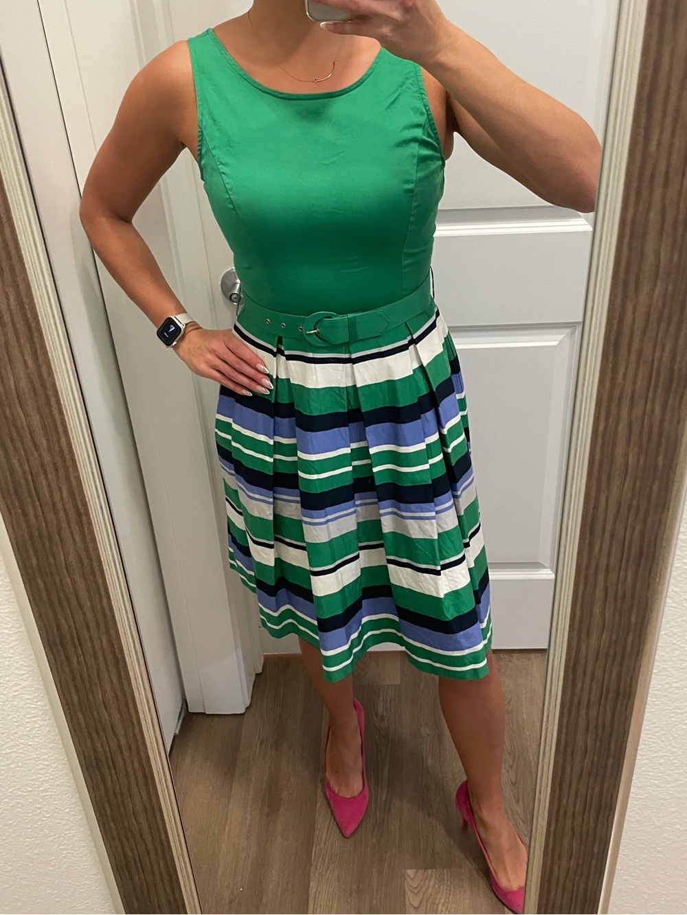Banana Republic Green Sleeveless Belted Midi Dress with Multi-Stripe Skirt